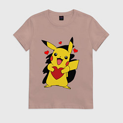 Футболка хлопковая женская ПИКАЧУ И СЕРДЕЧКО POKENON PIKACHU LOVE, цвет: пыльно-розовый