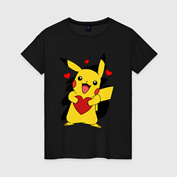 Футболка хлопковая женская ПИКАЧУ И СЕРДЕЧКО POKENON PIKACHU LOVE, цвет: черный