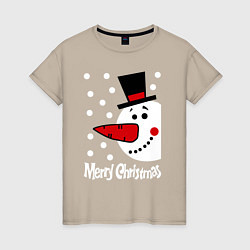 Футболка хлопковая женская Merry Christmas: снеговик в шляпе, цвет: миндальный