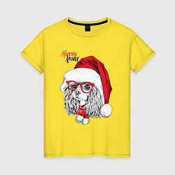 Футболка хлопковая женская Happy Christmas: американский кокер спаниель, цвет: желтый