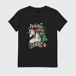 Футболка хлопковая женская Unicorn Belive in the magic, цвет: черный