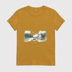 Футболка хлопковая женская Поход в горы, цвет: горчичный