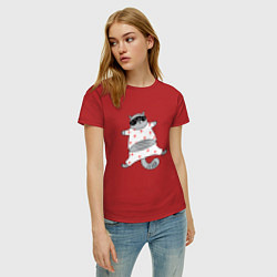 Футболка хлопковая женская Кот в пижаме, цвет: красный — фото 2