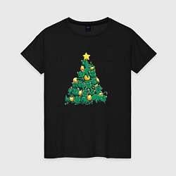 Футболка хлопковая женская Christmas Tree Made Of Green Cats, цвет: черный