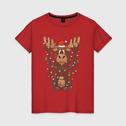 Футболка хлопковая женская НОВОГОДНИЙ ОЛЕНЬ CHRISTMAS DEER, цвет: красный