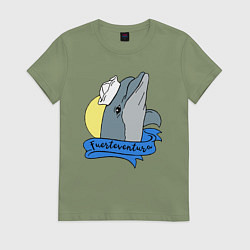 Футболка хлопковая женская Дельфин на фоне солнца, цвет: авокадо