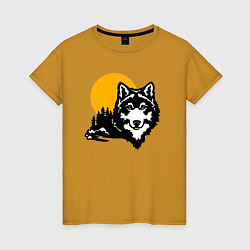 Футболка хлопковая женская Волк и солнце, цвет: горчичный