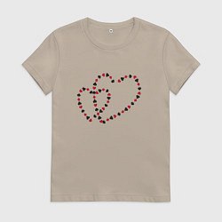 Футболка хлопковая женская Два влюбленных сердца линией из игральных карт раз, цвет: миндальный