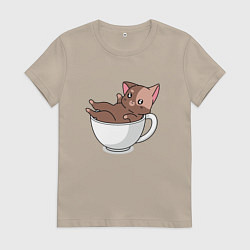 Футболка хлопковая женская Милый Котик в чашке, цвет: миндальный