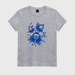 Футболка хлопковая женская Голубой орнамент Гжель, цвет: меланж