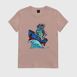 Футболка хлопковая женская Капитан-русалка и бот, цвет: пыльно-розовый