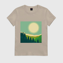 Футболка хлопковая женская Пейзаж и яркое солнце, цвет: миндальный