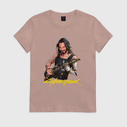 Футболка хлопковая женская Джонни Cyberpunk2077 Johnny с гитарой, цвет: пыльно-розовый