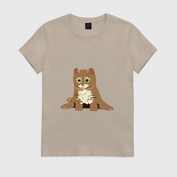 Футболка хлопковая женская Милый котёнок с зелёными глазами, цвет: миндальный