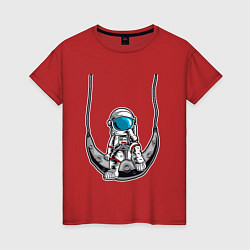 Футболка хлопковая женская Космонавт на луне, цвет: красный