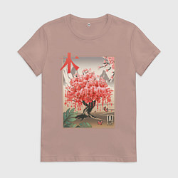 Футболка хлопковая женская Цветущая Сакура Япония, цвет: пыльно-розовый