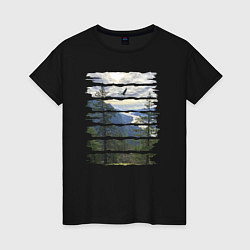 Футболка хлопковая женская Горы, небо и птицы, цвет: черный