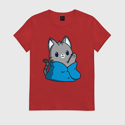 Футболка хлопковая женская Кот в одеяле, цвет: красный