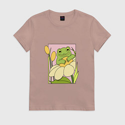Футболка хлопковая женская ЛЯГУШКА С ЦВЕТКОМ, цвет: пыльно-розовый