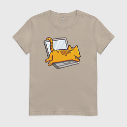 Футболка хлопковая женская Котик лежит на ноутбуке, цвет: миндальный