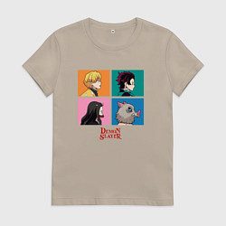 Футболка хлопковая женская Клинок, рассекающий демонов Коллаж, цвет: миндальный