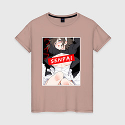 Футболка хлопковая женская Девушка и надпись Senpai Ahegao, цвет: пыльно-розовый