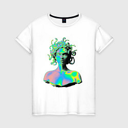 Футболка хлопковая женская Gorgon Medusa Vaporwave Neon, цвет: белый