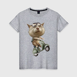 Футболка хлопковая женская Крутой котяра на скутере, цвет: меланж