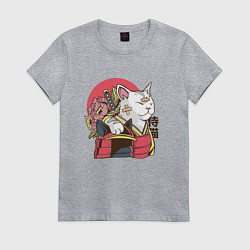 Футболка хлопковая женская Котик Самурай Samurai Cat Japanese art, цвет: меланж