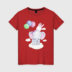 Футболка хлопковая женская Милый Слонёнок и Крольчонок На Облаке, цвет: красный