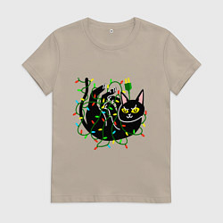 Футболка хлопковая женская CAT IN GARLANDS, цвет: миндальный