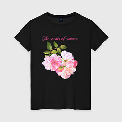Футболка хлопковая женская Ароматы лета розовые розы лето, цвет: черный