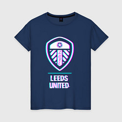 Футболка хлопковая женская Leeds United FC в стиле Glitch, цвет: тёмно-синий