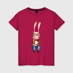 Футболка хлопковая женская Кролик в очках, цвет: маджента