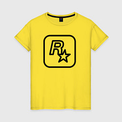 Футболка хлопковая женская Логотип Rockstar games чб, цвет: желтый