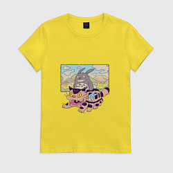 Футболка хлопковая женская Тоторо на котобусе, цвет: желтый