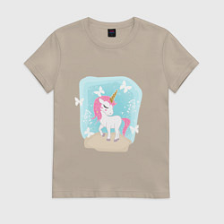 Футболка хлопковая женская Милый мультяшный единорог с розовым хвостом и грив, цвет: миндальный