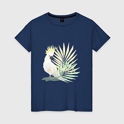 Футболка хлопковая женская Белый попугай с хохолком на фоне листьев пальмы, цвет: тёмно-синий