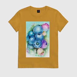 Футболка хлопковая женская Акварельные ягоды голубики, цвет: горчичный