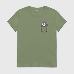 Футболка хлопковая женская Пингвин в кармашке, цвет: авокадо