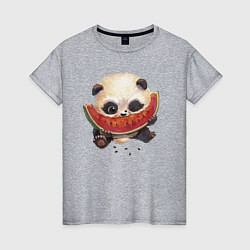 Футболка хлопковая женская Маленький панда ест арбуз, цвет: меланж