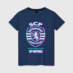Футболка хлопковая женская Sporting FC в стиле glitch, цвет: тёмно-синий