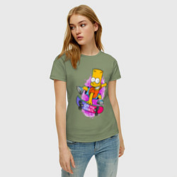 Футболка хлопковая женская Барт Симпсон на скейтборде - Eat my shorts!, цвет: авокадо — фото 2