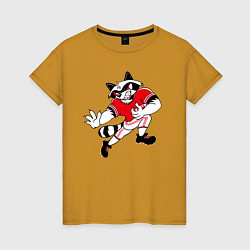 Футболка хлопковая женская Енот американский футболист, цвет: горчичный