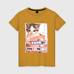 Футболка хлопковая женская Destroy everything kitty, цвет: горчичный