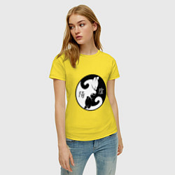 Футболка хлопковая женская Инь-Янь коты с иероглифами, цвет: желтый — фото 2