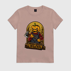 Футболка хлопковая женская Хэллоуин тыква с топором, цвет: пыльно-розовый