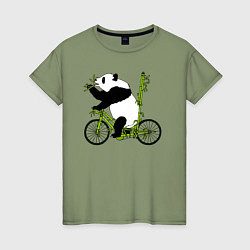 Футболка хлопковая женская Панда на велосипеде с бамбуком, цвет: авокадо