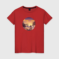 Футболка хлопковая женская Тропический остров и лодка в море на закате, цвет: красный