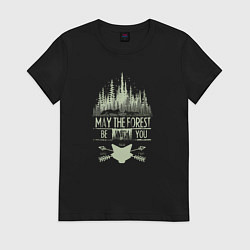 Футболка хлопковая женская Лисички в лесу, цвет: черный